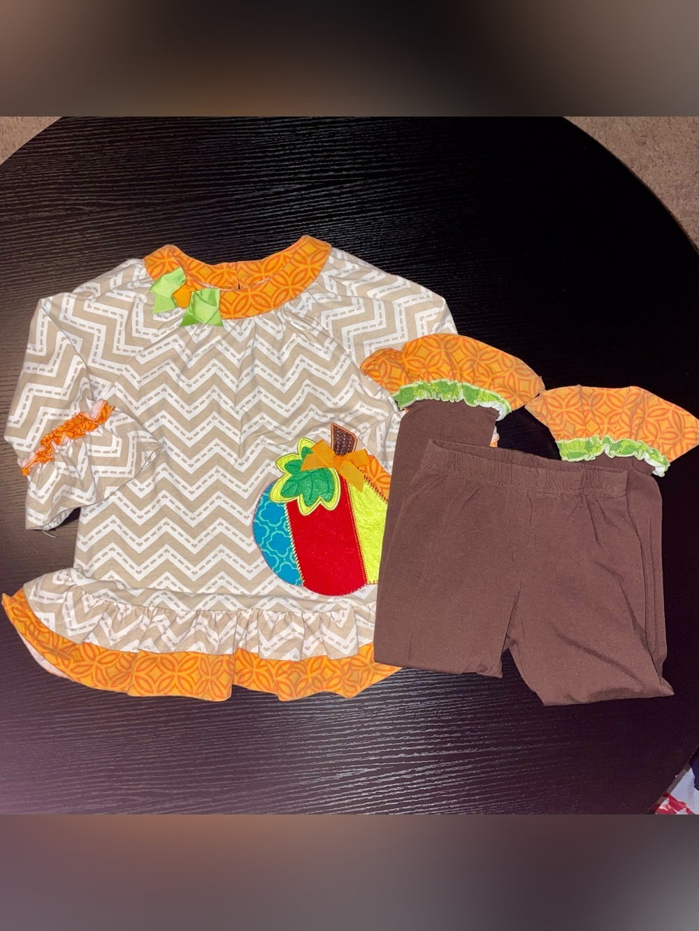 Emily Rose Orange Chevron Pumpkin Accent Top with Green Bow
